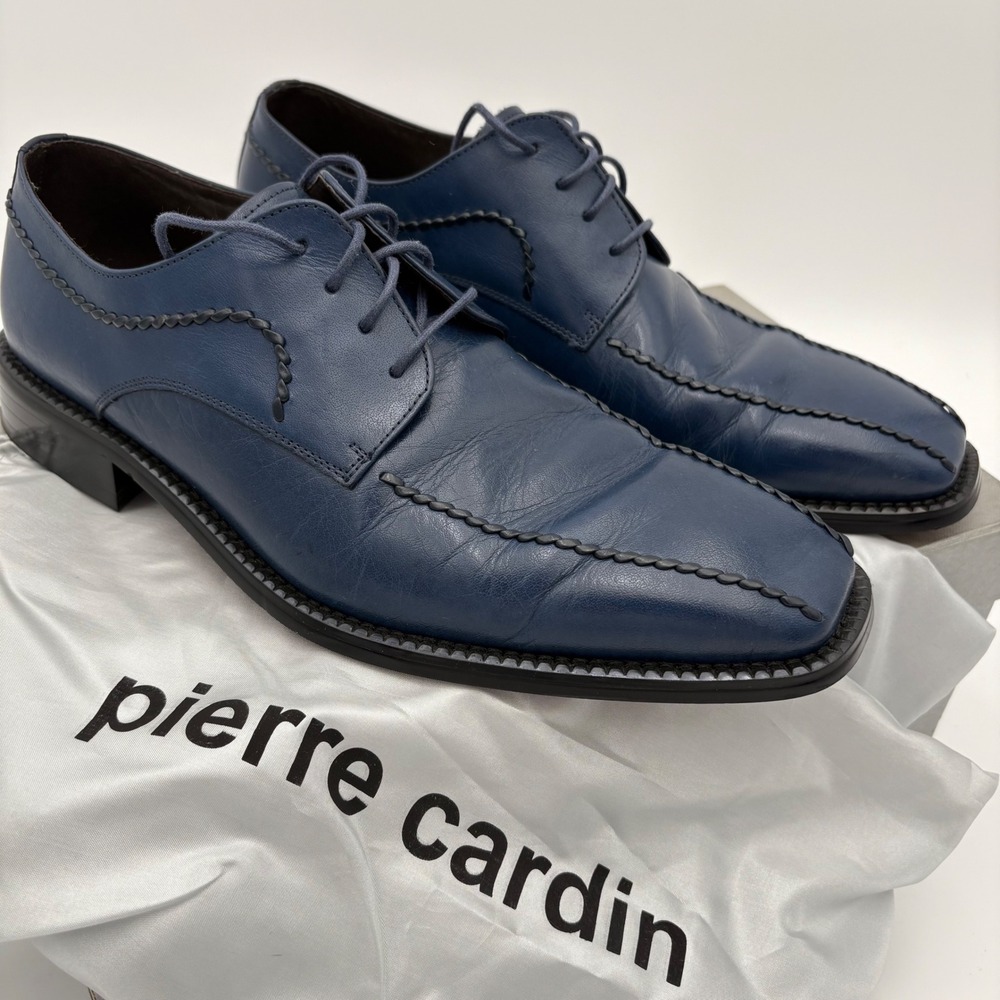 Pierre Cardin Crete Blue‎ Leather Dress Shoes Mens Size 8.5 Oxfords Square Toe